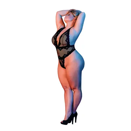 Magic Silk Deep Look Halter Teddy 2X Black - Elegant Plunge Bodysuit