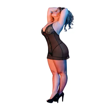 Magic Silk Exposed Chemise & Mesh G-String Set 2X Black Elegant Lace