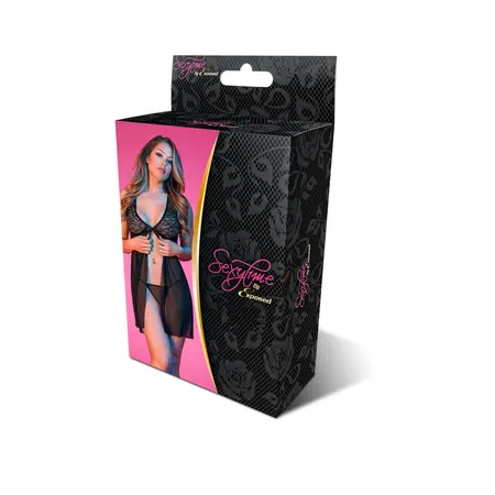 Magic Silk Exposed Babydoll Set with Open Back and Mesh G-String S/M Black