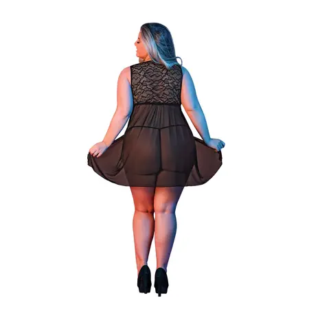 Magic Silk Babydoll 2X Black - Lace Mesh Set with Open Back