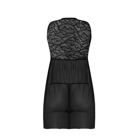 Magic Silk Babydoll 2X Black - Lace Mesh Set with Open Back