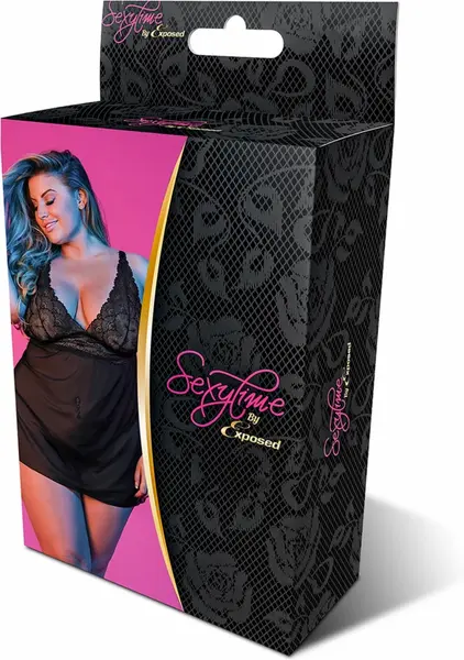 Magic Silk Exposed Babydoll Set 2X Crni sa Podesivim V-Leđima