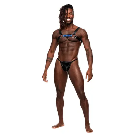 Male Power Aries Adjustable Faux Leather Chest Harness Black/Blue One Size