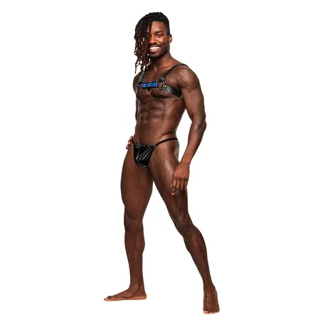 Male Power Aries Adjustable Faux Leather Chest Harness Black/Blue One Size