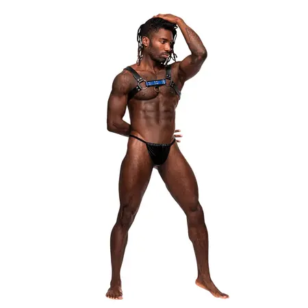 Male Power Aries Adjustable Faux Leather Chest Harness Black/Blue One Size