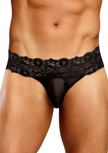 Male Power Scandal-Lace Micro Thong L/XL Crna - Mrežasti i Čipkasti Pojas