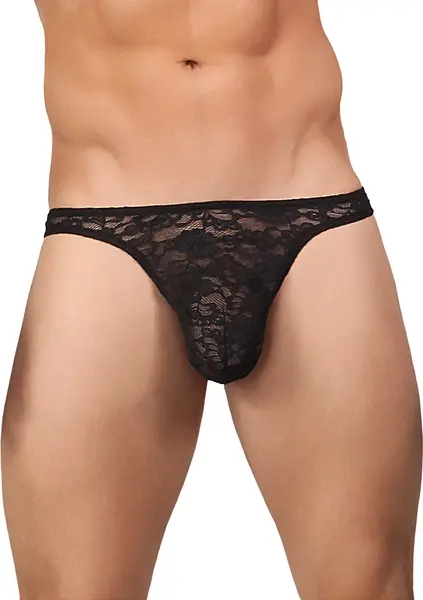 Male Power Stretch Lace Comfort Thong L/XL Black