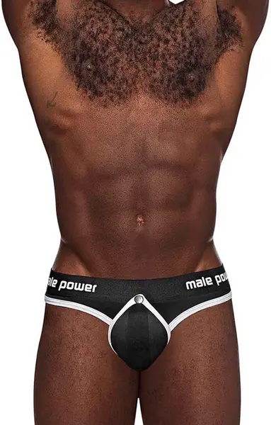 Male Power Helmet Thong S/M Black - Padded Pouch & Satin Waistband