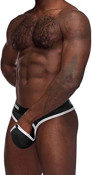 Male Power Helmet Thong S/M Black - Padded Pouch & Satin Waistband