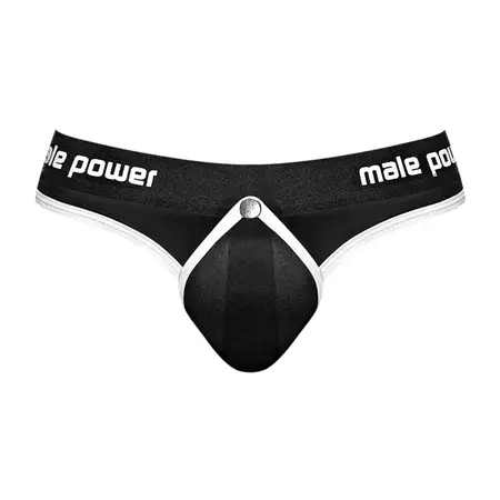 Male Power Helmet Thong S/M Black - Padded Pouch & Satin Waistband