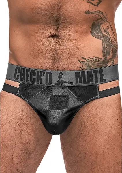 Male Power Check'd Mate Cutout Thong S/M Black - Geometric Mesh Design