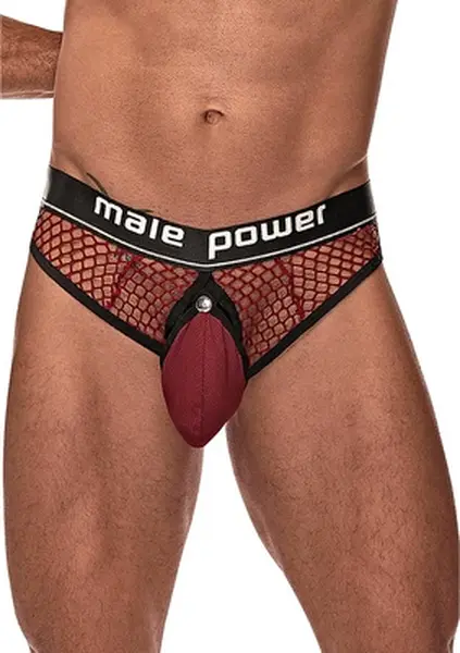 Male Power Cock Pit Net Thong L/XL Burgundy with Detachable Pouch