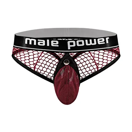 Male Power Cock Pit Net Thong L/XL Burgundy with Detachable Pouch