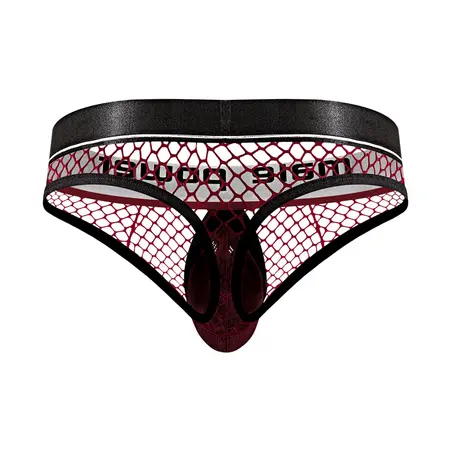 Male Power Cock Pit Net Thong L/XL Burgundy with Detachable Pouch