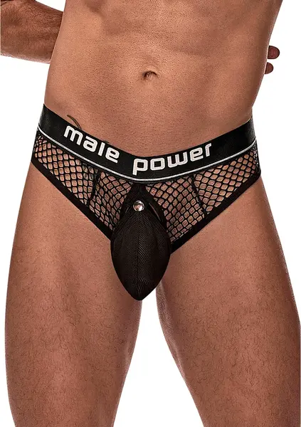 Male Power Cock Pit Net Thong S/M Black with Detachable Pouch