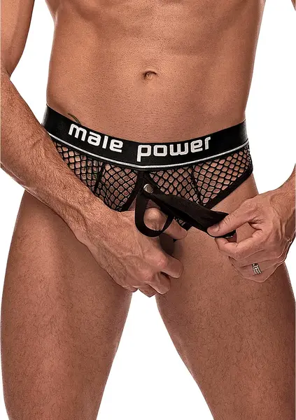 Male Power Cock Pit Net Thong with Detachable Pouch L/XL Black