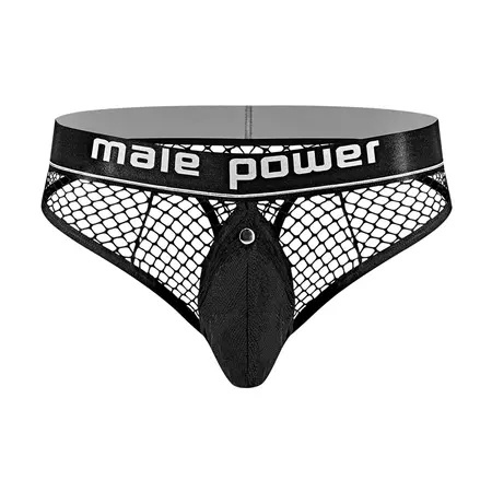 Male Power Cock Pit Net Thong with Detachable Pouch L/XL Black