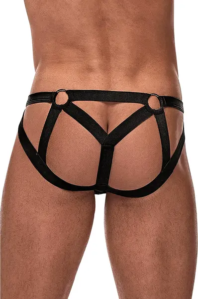 Male Power Cage Matte Strappy Ring Jock S/M Black - Supportive Design