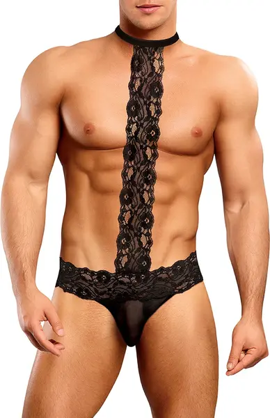 Male Power Scandal-Lace Choker Thong L/XL Mesh & Lace Black
