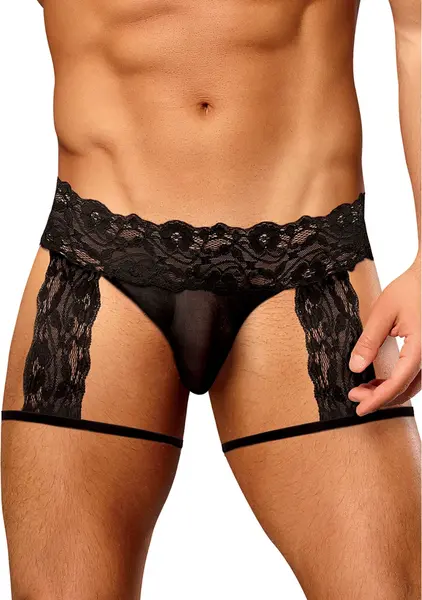 Male Power Scandal-Lace Garter Shorts L/XL Crna - Mreža i čipka dizajn