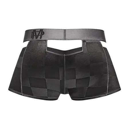 Male Power Check'd Mate Cutout Shorts Black M - Sheer Geometric Design