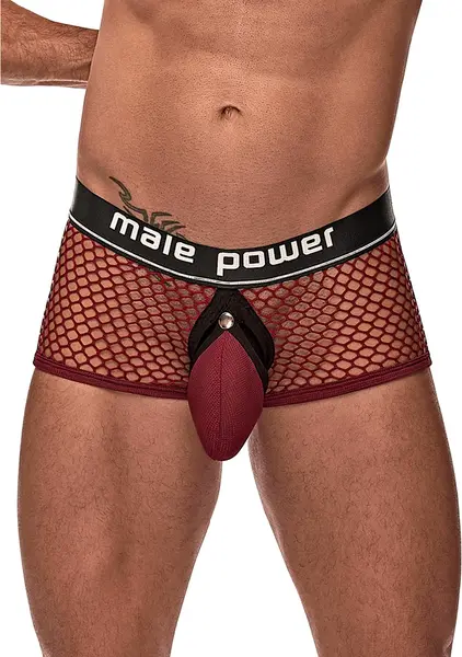 Male Power Mini Intimate Ring Shorts L Burgundy Satin Waistband