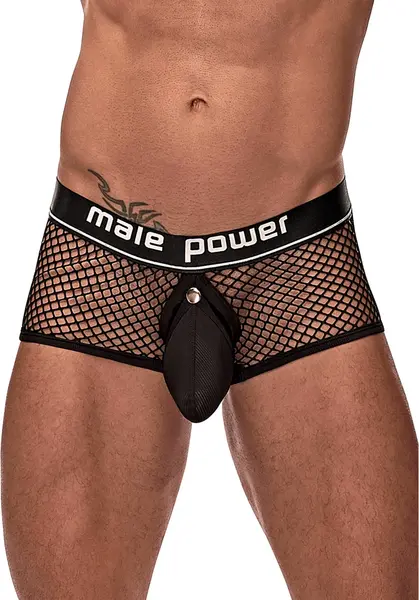 Male Power Cock Pit Mini Ring Shorts L Black - Snap-Off Pouch Design