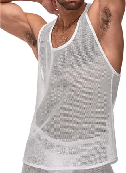 Male Power Stretch Net Tank Top S/M White - Breathable Mesh Design