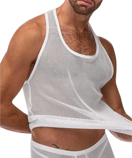 Male Power Stretch Net Tank Top S/M White - Breathable Mesh Design