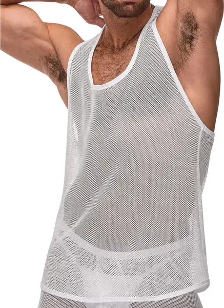 Male Power Stretch Net Tank Top S/M White - Breathable Mesh Design