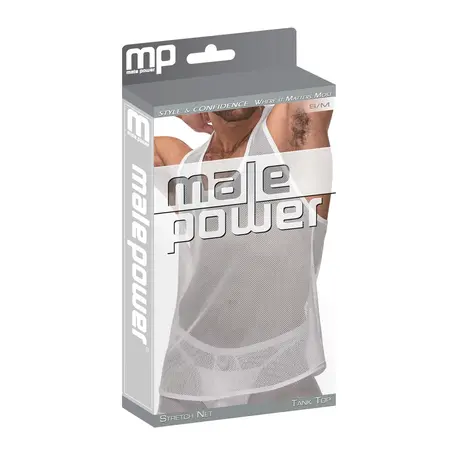 Male Power Stretch Net Tank Top L/XL White - Racerback Mesh Design