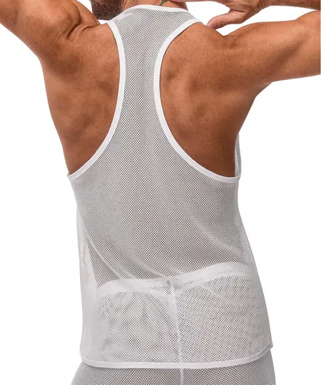 Male Power Stretch Net Tank Top L/XL White - Racerback Mesh Design