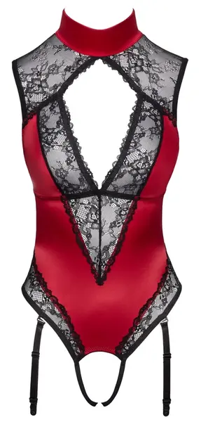 Cottelli LINGERIE Satensko-Čipkasti Body sa Podvezicama Crveno/Crni Veličina L