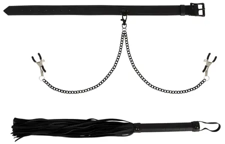 You2Toys Vegan Leather Look Collar Set with Adjustable Clamps & Flogger