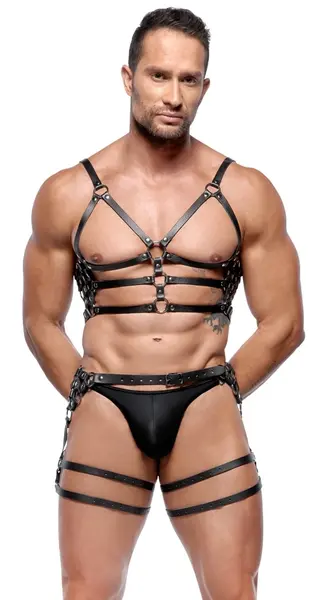ZADO Kožni Harness Set M/L - Podesive Crne Trake i Srebrni Detalji