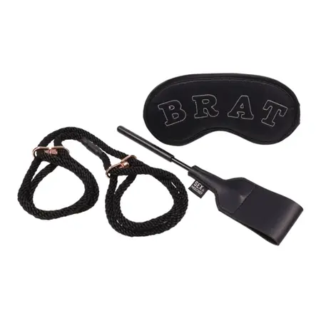 Sportsheets Knotty Brat Set - Konopčeve Lisice, Povez za Oči i Mini Crop, Crna-Rose Gold