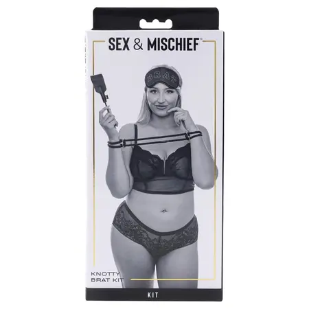 Sportsheets Knotty Brat Set - Konopčeve Lisice, Povez za Oči i Mini Crop, Crna-Rose Gold