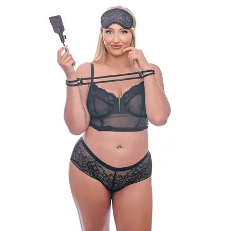 Sportsheets Knotty Brat Set - Konopčeve Lisice, Povez za Oči i Mini Crop, Crna-Rose Gold