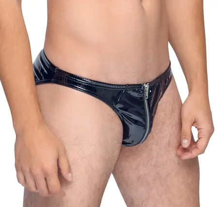Black Level Vinyl Briefs L - Shiny Black, Stretch, Front Zip
