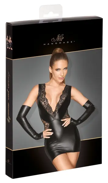 Noir Handmade Dress S Powerwetlook with Lace Detailing Black