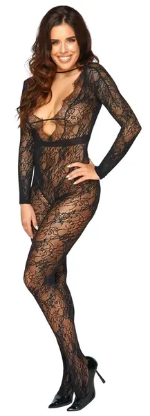 Cottelli FANTASY Čipkani Catsuit S-L, Dugi Rukavi, Duboki Dekolte, Crni