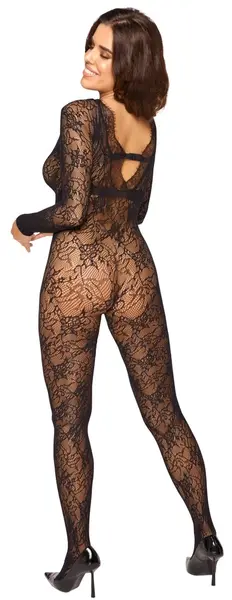 Cottelli FANTASY Čipkani Catsuit S-L, Dugi Rukavi, Duboki Dekolte, Crni