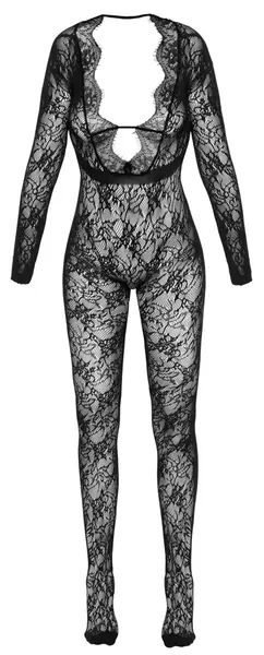 Cottelli FANTASY Čipkani Catsuit S-L, Dugi Rukavi, Duboki Dekolte, Crni