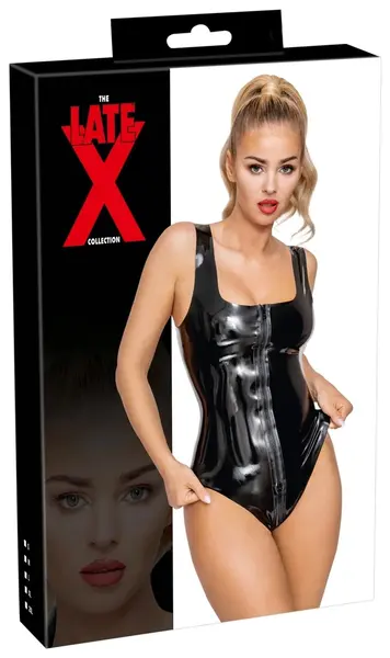 LateX Bodysuit Zip M Crni sa kvadratnim dekolteom i dvosmernim rajsferšlusom 0.35mm