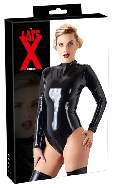 LateX Crni Sjajni Bodysuit dugih rukava L 0.35mm Zip sistem
