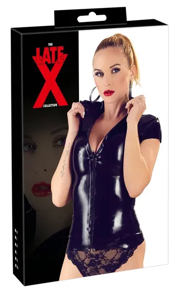LateX Lateks Košulja Rajsferšlus Crna 2XL - Pripijen Kratkih Rukava Top sa Prednjim Rajsferšlusom