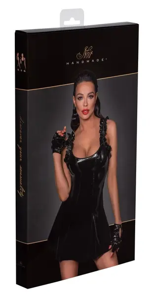 Noir Handmade Vinyl Dress with Ruffle Straps, Black, Size L