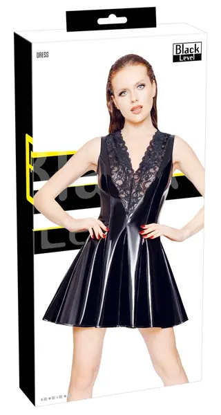 Black Level Vinyl Dress L with V-Shaped Lace Insert, Shiny Black