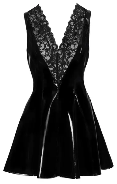 Black Level Vinyl Dress L with V-Shaped Lace Insert, Shiny Black