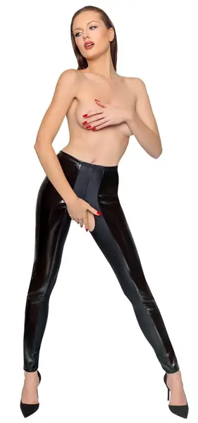 Black Level Vinyl Open-Crotch Leggings M, Shiny Black, Stretch Fit